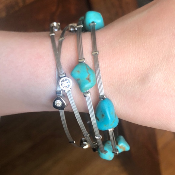 Silver, turquoise, crystal bendy metal bangles - Picture 2 of 3